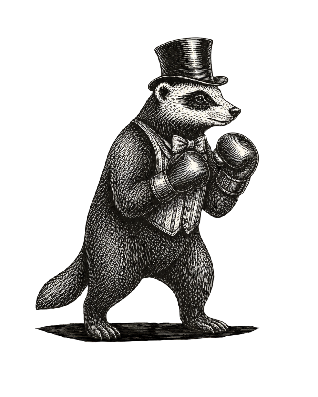 Honey badger in boxing guard with formal vest and top hat — Change & Scale mascot for Sparring
